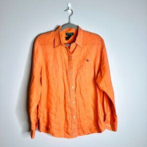 Lauren Ralph Lauren 100% Linen Orange Button-Up Monogrammed Oversized Sz Large
